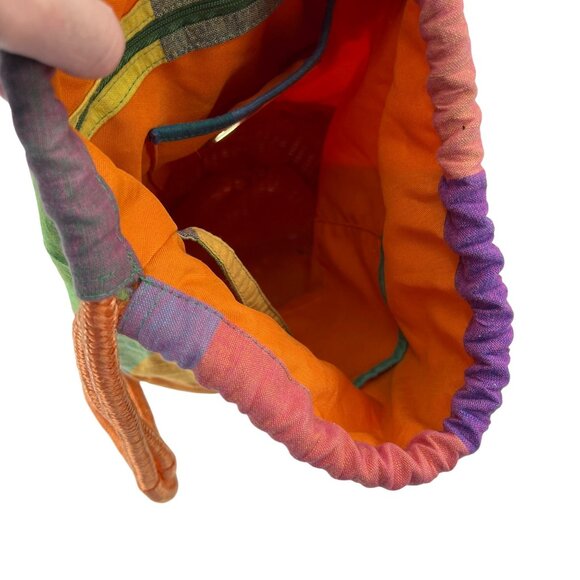 Liz Claiborne Colorful Plaid Drawstring Bag With Wicker Base & Orange Rope Strap - Picture 6 of 9